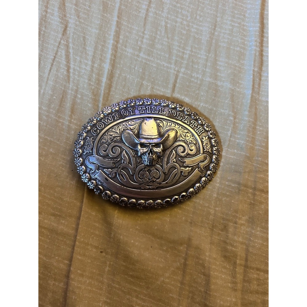 Cowboy Till Death Skull Belt Buckle